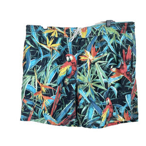 Caribbean Joe Mens XXL Swim Trunks Blue Jungle Parrot Print Drawstring
